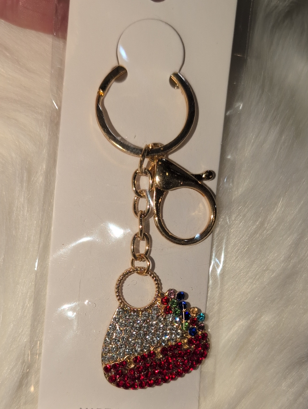 Ella Gold-Tone Red Purse Keychain with Clear, Red and Multicolor Rhinestones - Picture 1 of 4